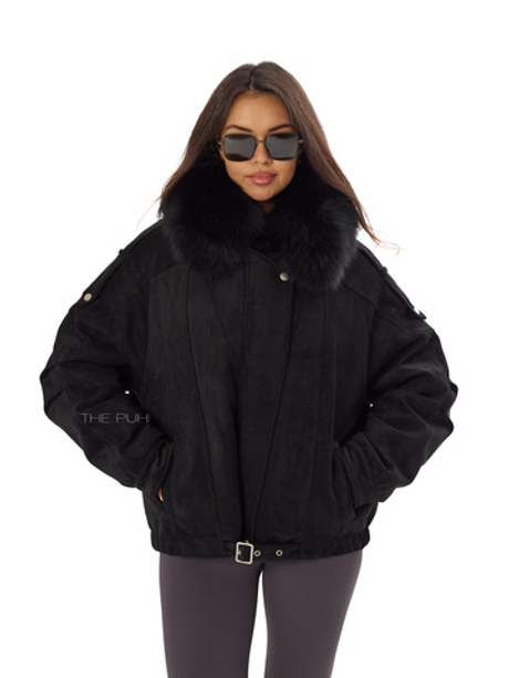 Черный пуховик из эко-замши с мехом