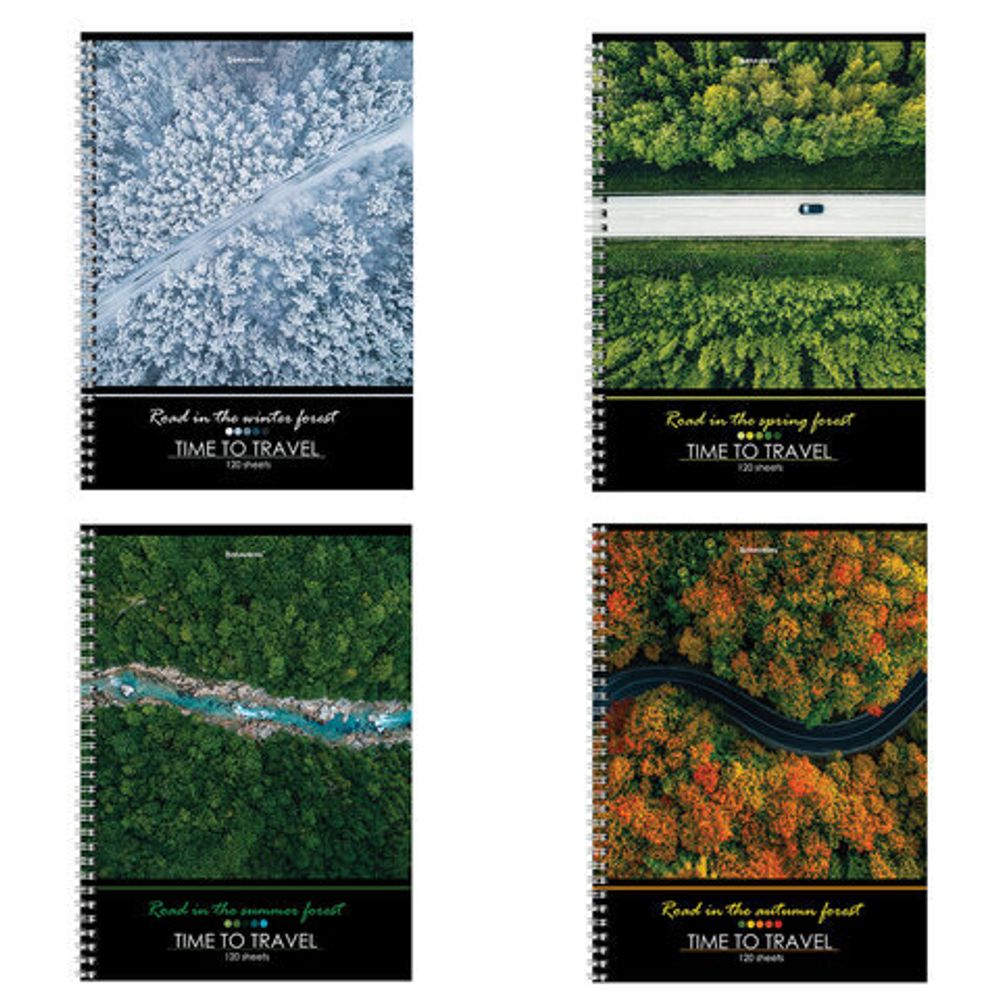 Тетрадь А4, 120 л., BRAUBERG гребень, клетка, обложка картон, "Seasons", 404071, 4шт