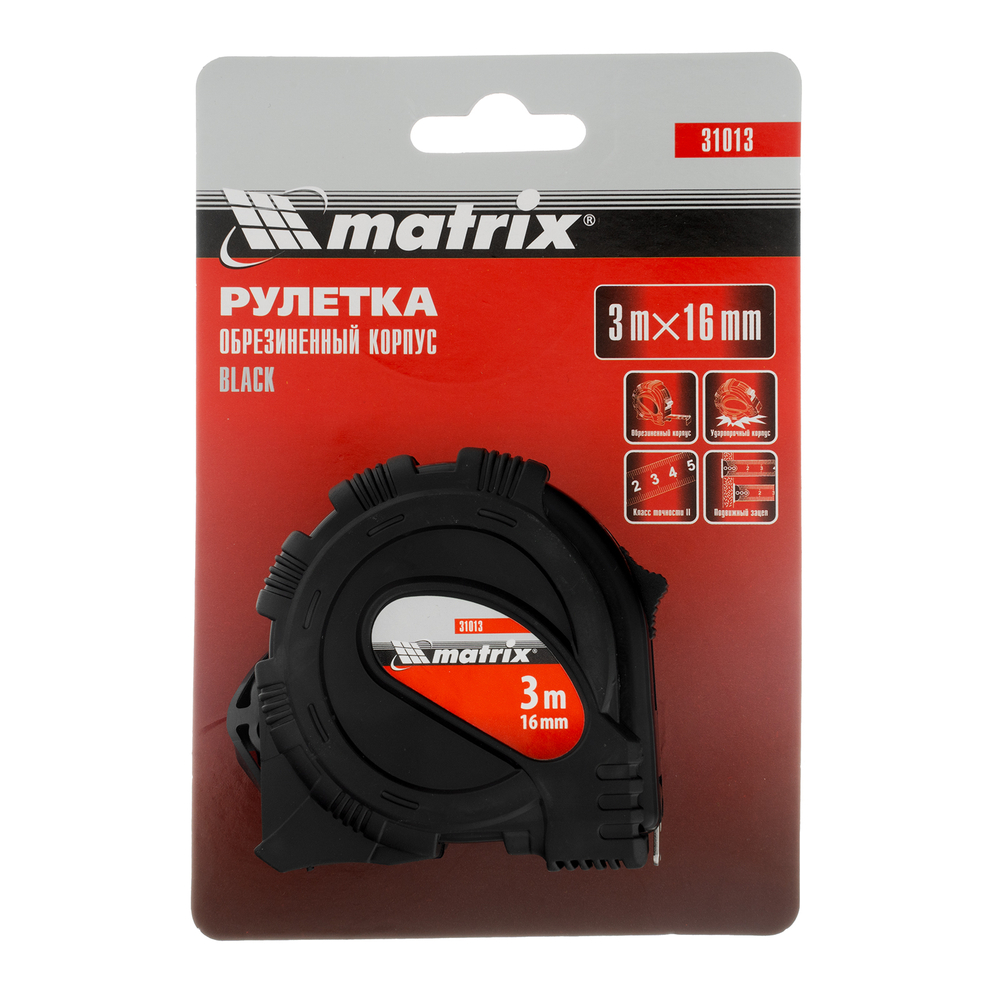 Рулетка Black,3 м х 16 мм,обрезиненный корпус Matrix 31013