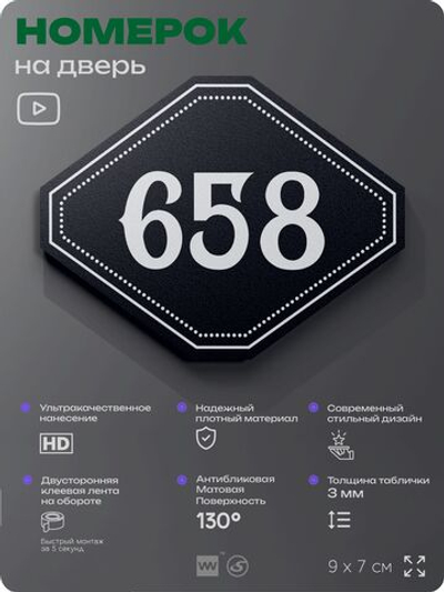 Номерок на дверь квартиры 658, для кабинета, офиса, шильдик 9 х 7 см, черный, Айдентика Технолоджи
