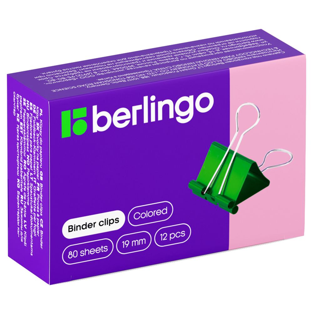 Зажим для бумаг 19мм, 12шт/упак, цветной, Berlingo