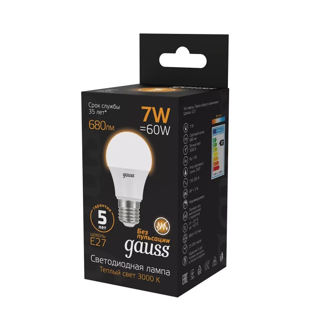 Лампа Gauss LED A60  7W E27 2700K  102502107