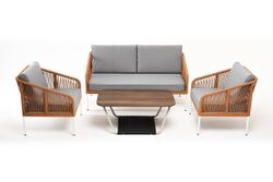 "Канны" лаунж-зона 4-местная из роупа со столом "Глория" цвет "дуб", каркас алюминиевый светло-серый, роуп оранжевый меланж