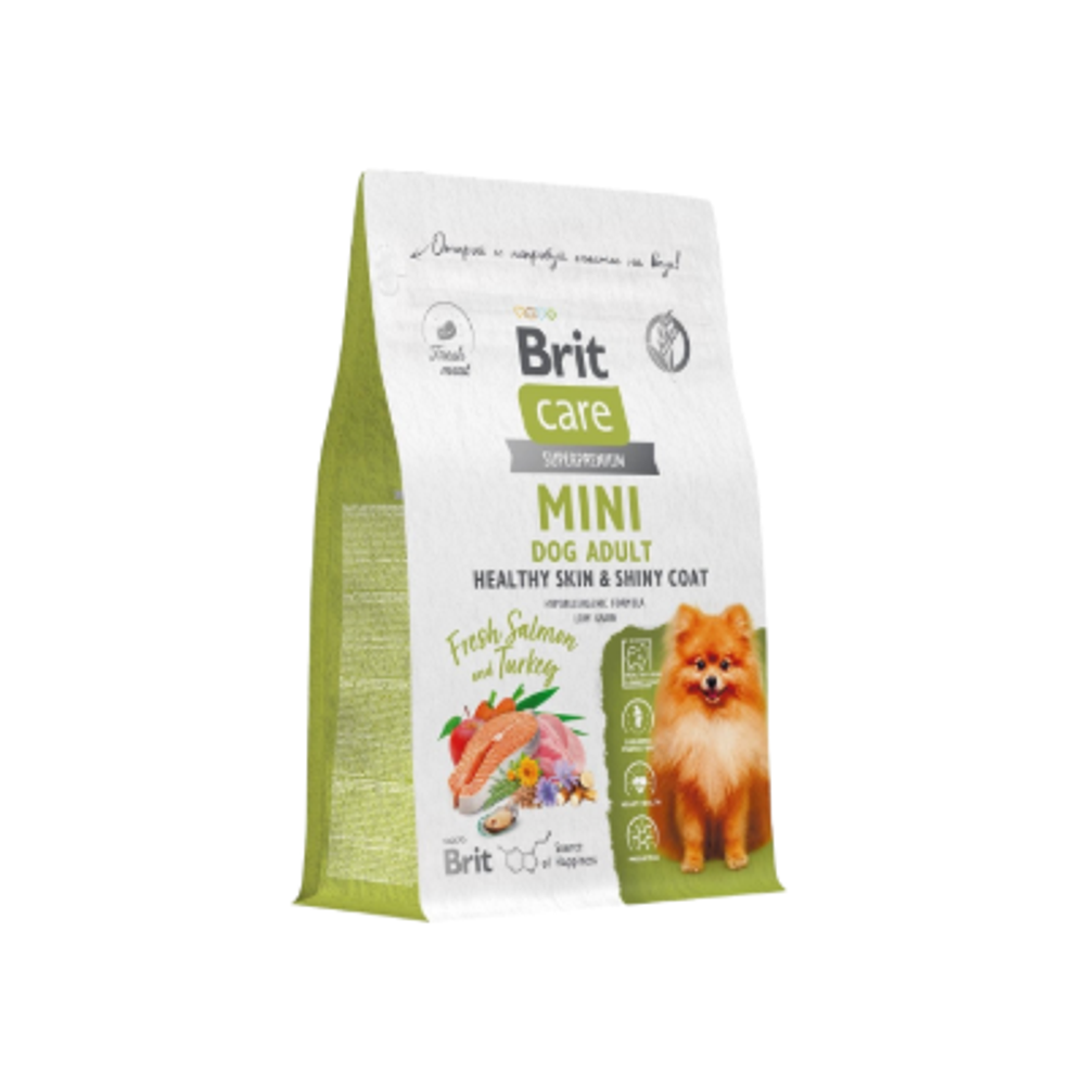 Корм для собак сухой BRIT CARE Mini с индейкой для взрослых cобак мини пород Adult. Healthy Skin&Shiny Coat 0,4кг