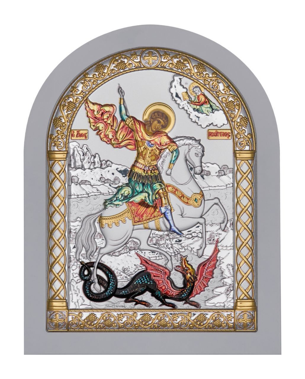 Георгий Победоносец, икона арочная, белое дерево, эмаль 175х225