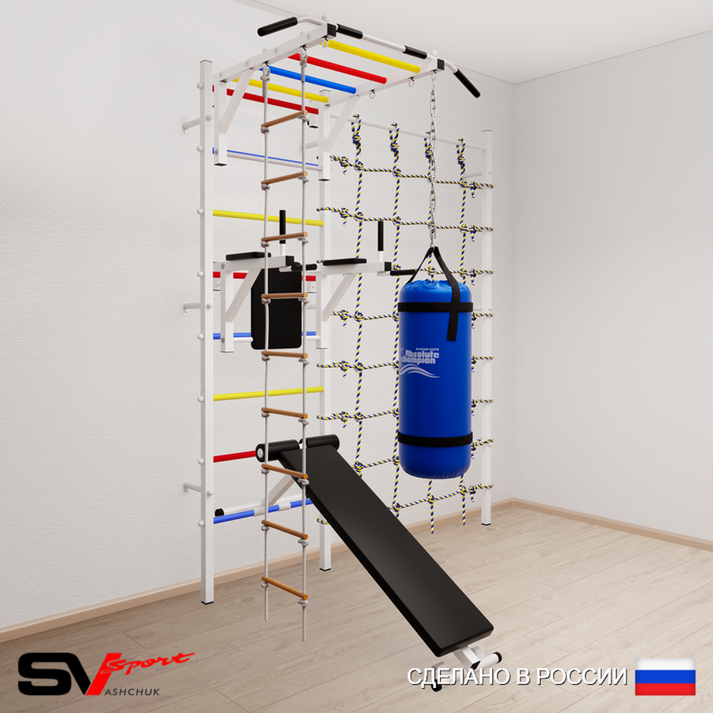 Шведская стенка Sv Sport 55210 (Турник рукоход/Брусья/Скамья/Лестница/Цепь/Мешок 15кг/Канатный лаз)