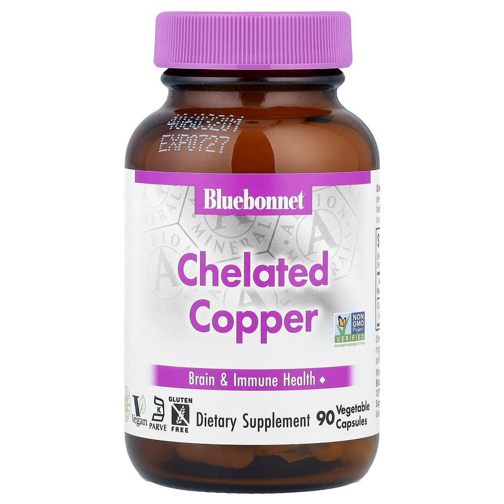 Bluebonnet Nutrition, Медь в хелатной форме, 90 растительных капсул