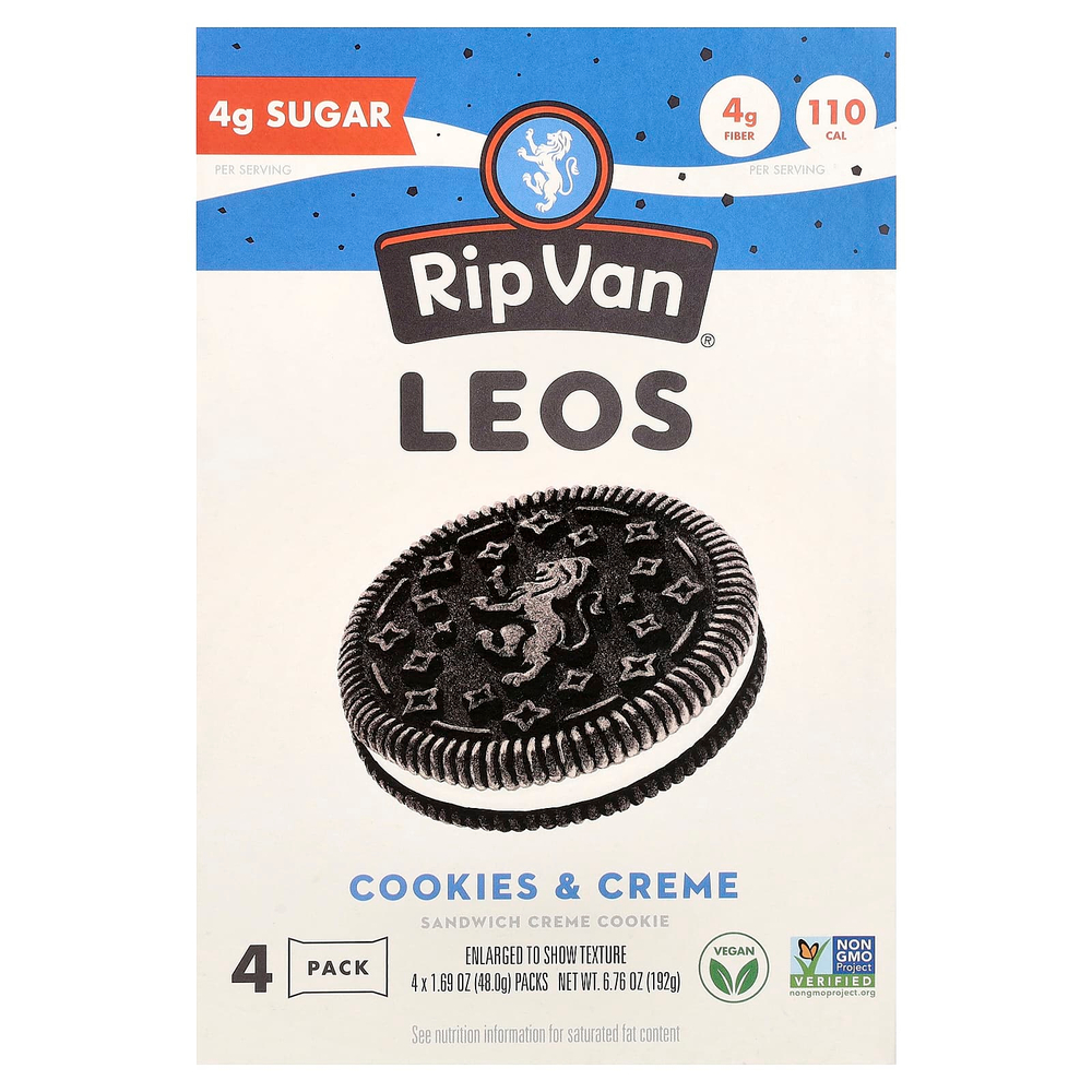 Rip Van Wafels, Leos, печенье с бутербродом и кремом, печенье и крем, 4 упаковки по 48 г (1,69 унции)