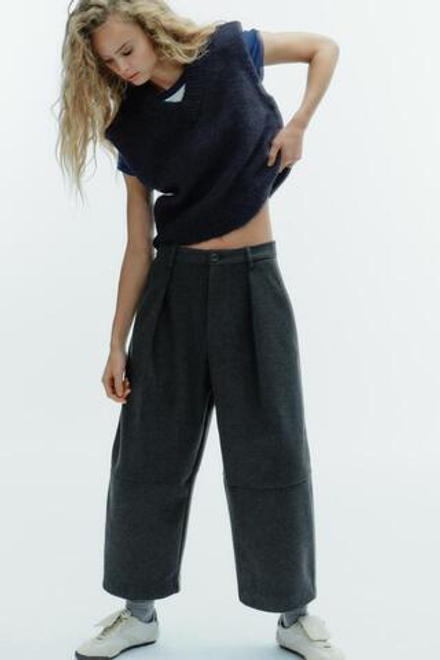 ZARA БРЮКИ BALLOON СО СКЛАДКАМИ, ТЕМНО-СЕРЫЙ