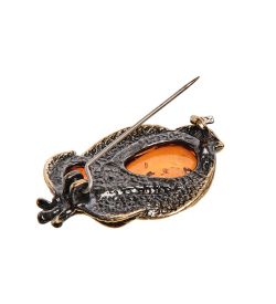 AM-2564 Брошь «Винтажный листик» (латунь, янтарь)