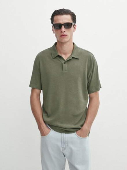 Massimo Dutti Поло из смесового льна с короткими рукавами, хаки