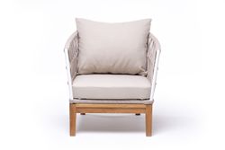 "Диего" кресло плетеное из роупа, основание дуб, каркас алюминий светло-серый (RAL7035) шагрень, роуп бежевый круглый, ткань бежевая 15052