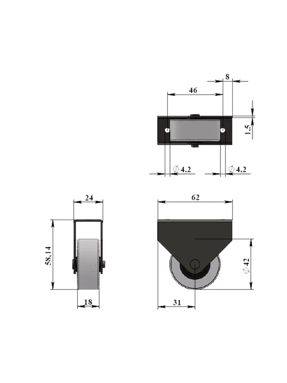 Роликовая опора 552 с резиновым колесом 42 мм, 2 шт