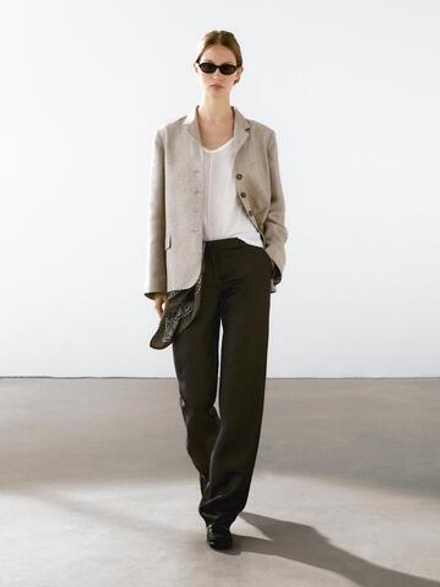 Massimo Dutti Брюки прямого кроя из смесового льна, коричневый