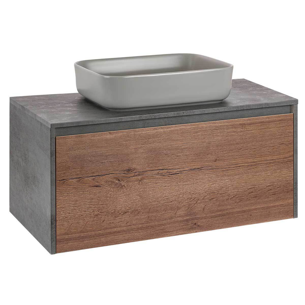 База под накладную раковину Mesa 1000 подвесная, 1 выкатной/1 скрытый ящик soft close, T.Oak + Beton, , шт
