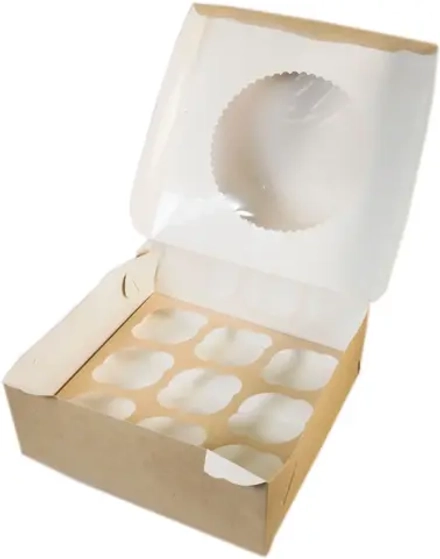 Коробка крафт для 9 капкейков с окном, крафт, 25 х 25 х 10 см