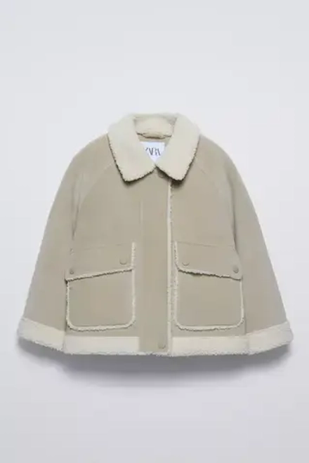 ZARA КУРТКА ИЗ ДВУСТОРОННЕЙ ТКАНИ С ИСКУССТВЕННОЙ ОВЧИНОЙ, БЕЖЕВЫЙ/ЗЕЛЕНЫЙ