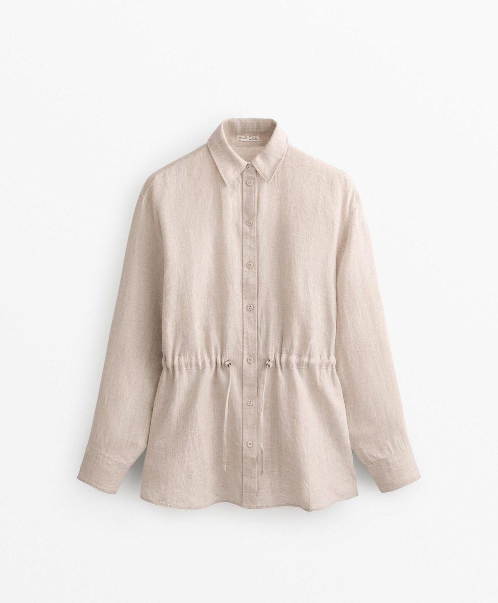 Oysho Длинная льняная рубашка, песочный меланж