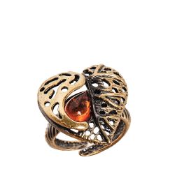 AM-2467 Кольцо «Лист Сирени сердце» (латунь, янтарь)