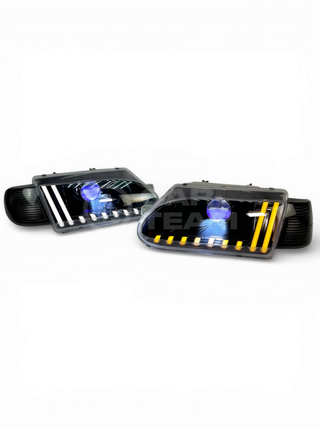 Фары ВАЗ 2113, 2114, 2115 передние в стиле AUDI 2.0 с Bi LED модулями, тонированные поворотники (полоски белые)