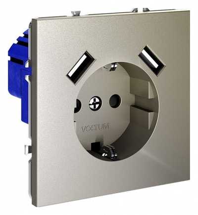 Розетка с заземлением и со шторкой и 2хUSB type A, без рамки Voltum S70 VLS040404