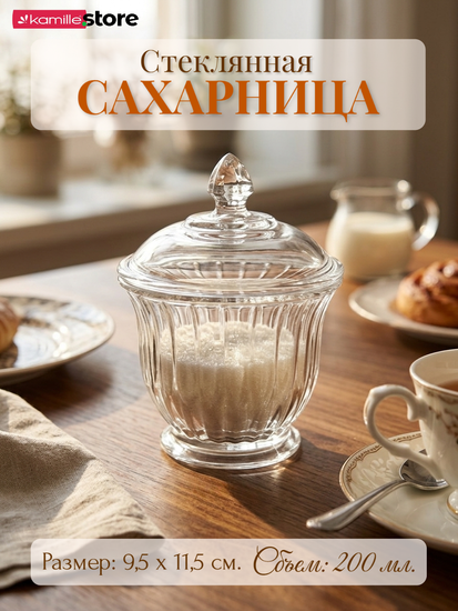Сахарница из стекла 200 мл. с крышкой, 9,5х11,5 см.