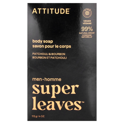 ATTITUDE, Super Leaves™, кусковое мыло для тела, для мужчин, пачули и бурбон, 113 г (4 унции)