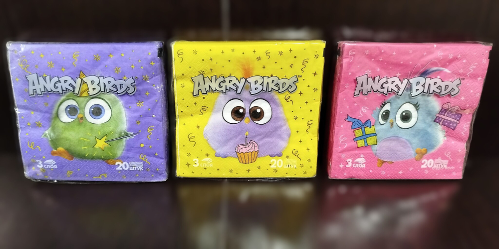Салфетки Angri Birds 33х33  3-сл "Коллекция" (20л/12уп) МИКС (Коктейль+Капкейк+Подарки)