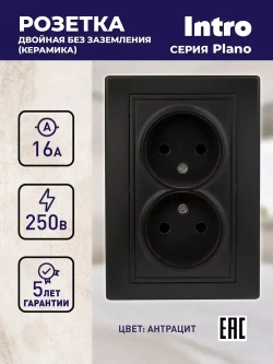 Розетка Intro Plano 1-204-05 без заземления двойная 2х2P 16А-250В IP20 скрытой установки черный