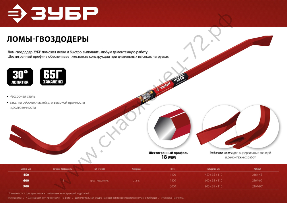 ЗУБР HEX-18, 900 мм, Лом-гвоздодер (2164-90)