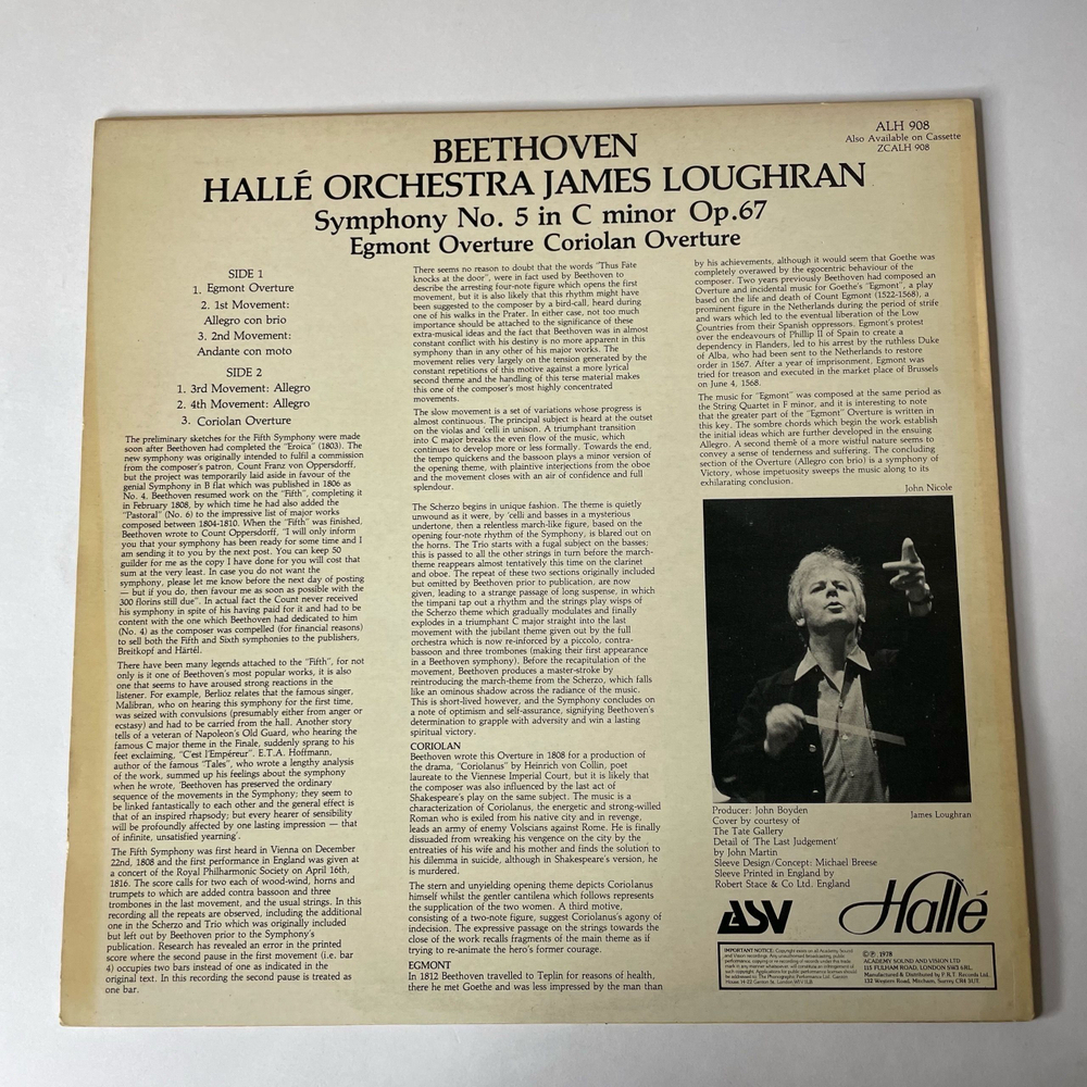 Винтажная виниловая пластинка LP Бетховен Beethoven, James Loughran, Hall Orchestra Симфония Symphony No. 5 In C Minor Op. 67 (Англия 1982)