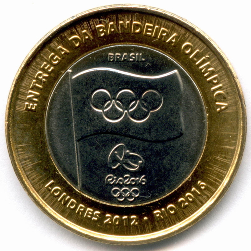 1 реал 2012 год. Бразилия. XXXI летние Олимпийские Игры в Рио - Эстафета передачи олимпийского флага. Биметалл AUNC