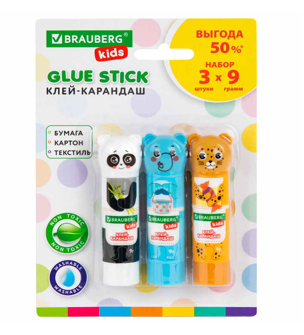 Клей-карандаш BRAUBERG KIDS, Зверята: панда, слон, леопард 272473, 9 г, 3 штуки