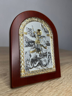 Георгий Победносец, икона арочная, красное дерево 105х140