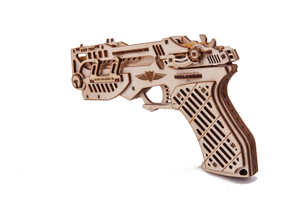 Кибер Пистолет с мишенями от Wood Trick - Деревянный конструктор, резинкострел, сборная модель, 3D пазл
