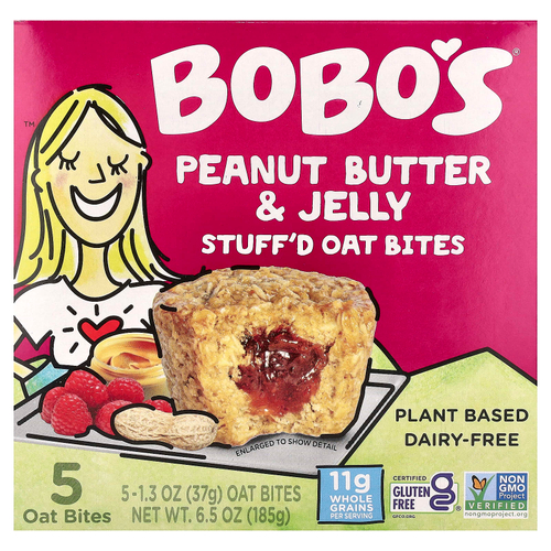 Bobo's Oat Bars, Овсяные кусочки с начинкой, арахисовая паста и желе, 5 кусочков, 37 г (1,3 унции)
