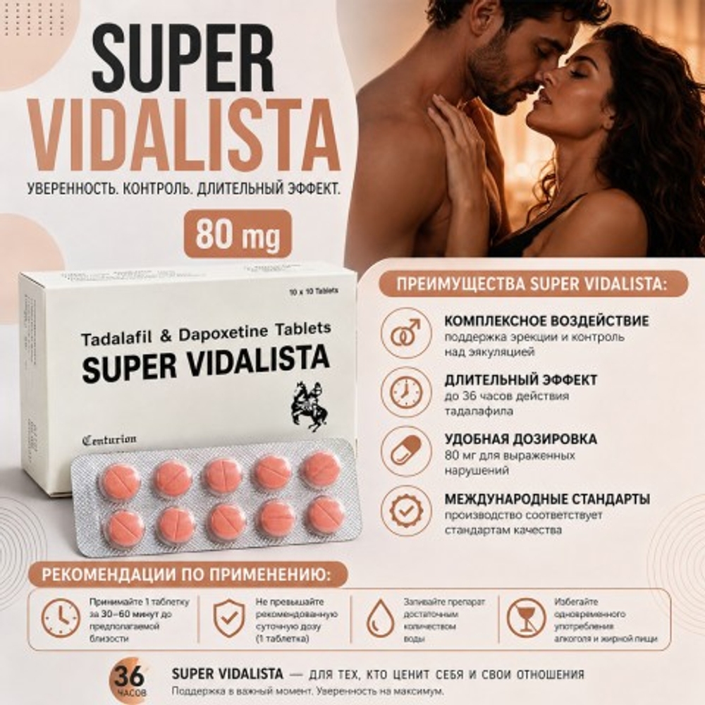 Препарат для усиления эрекции и продления полового акта Super Vidalista 80 mg (10 шт.)
