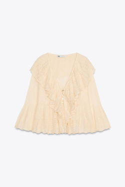 ZARA ТРИКОТАЖНЫЙ ТОП С ВОЛАНАМИ, ВАНИЛЬНЫЙ