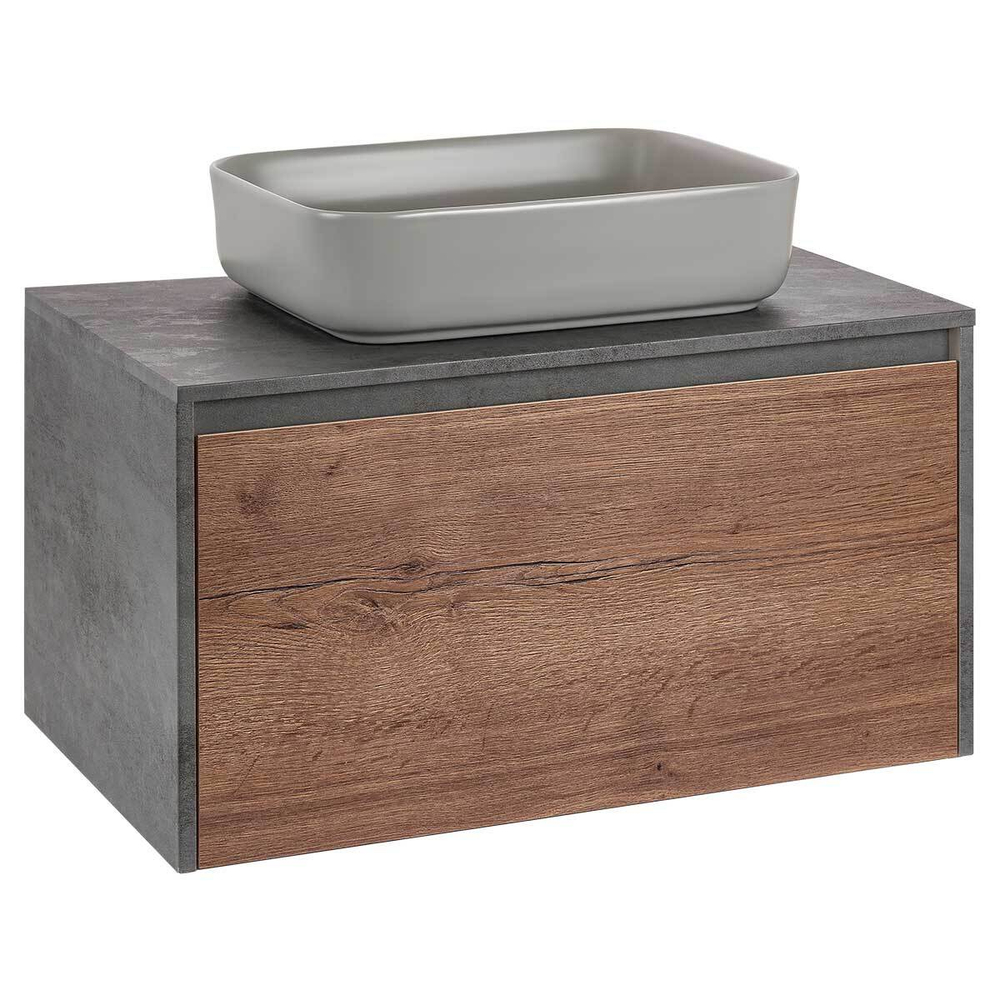 База под накладную раковину Mesa 800 подвесная, 1 выкатной/1 скрытый ящик soft close, T.Oak + Beton