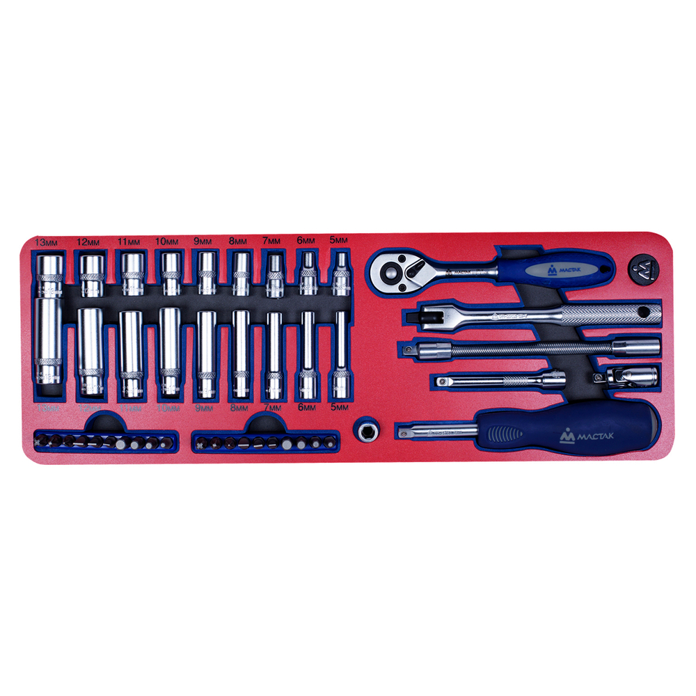 МАСТАК (5-002045) Набор торцевых головок 1/4” с принадлежностями, ложемент, 45 предметов