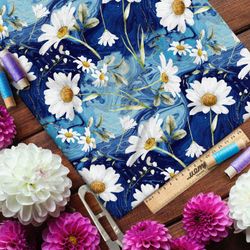 Ткань атлас ромашки в жидком лазурите