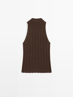 Massimo Dutti Топ из смесовой хлопка с горловиной халтер, шоколадный