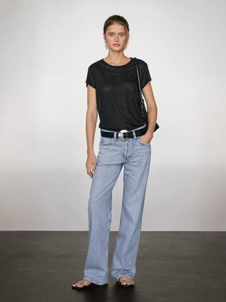 Massimo Dutti Футболка из 100% льна с коротким рукавом, черный