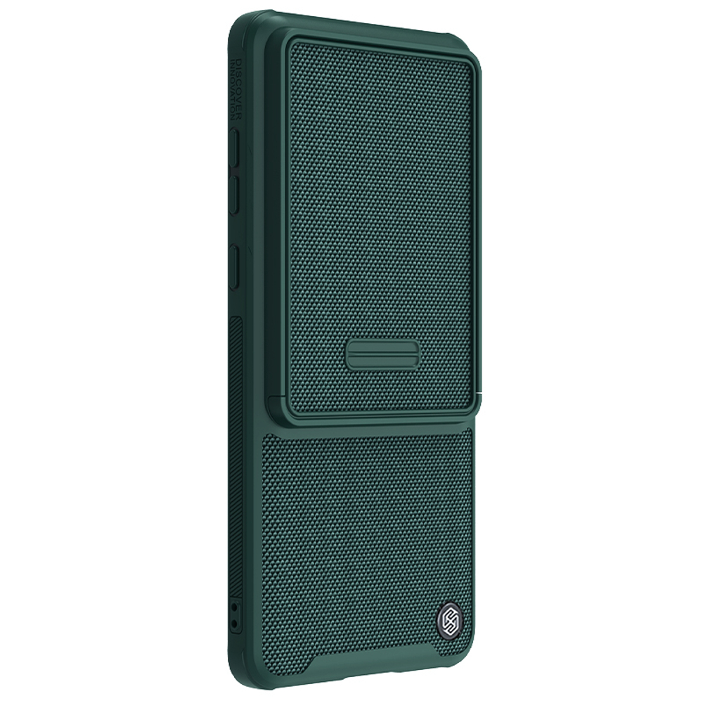Чехол зеленого цвета (Dark Green) с вставками из нейлонового волокна от Nillkin для Huawei Mate 50 Pro, серия Textured Case S, полуавтоматическая сдвижная крышка