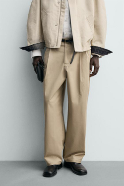 ZARA БРЮКИ WIDE FIT СО СКЛАДКАМИ, БЕЖЕВЫЙ