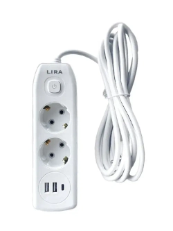 Удлинитель LIRA LRI122W, 2 розетки с заземлением и выключателем, 2xUSB, 1xTypeC, длина 2м, 16А