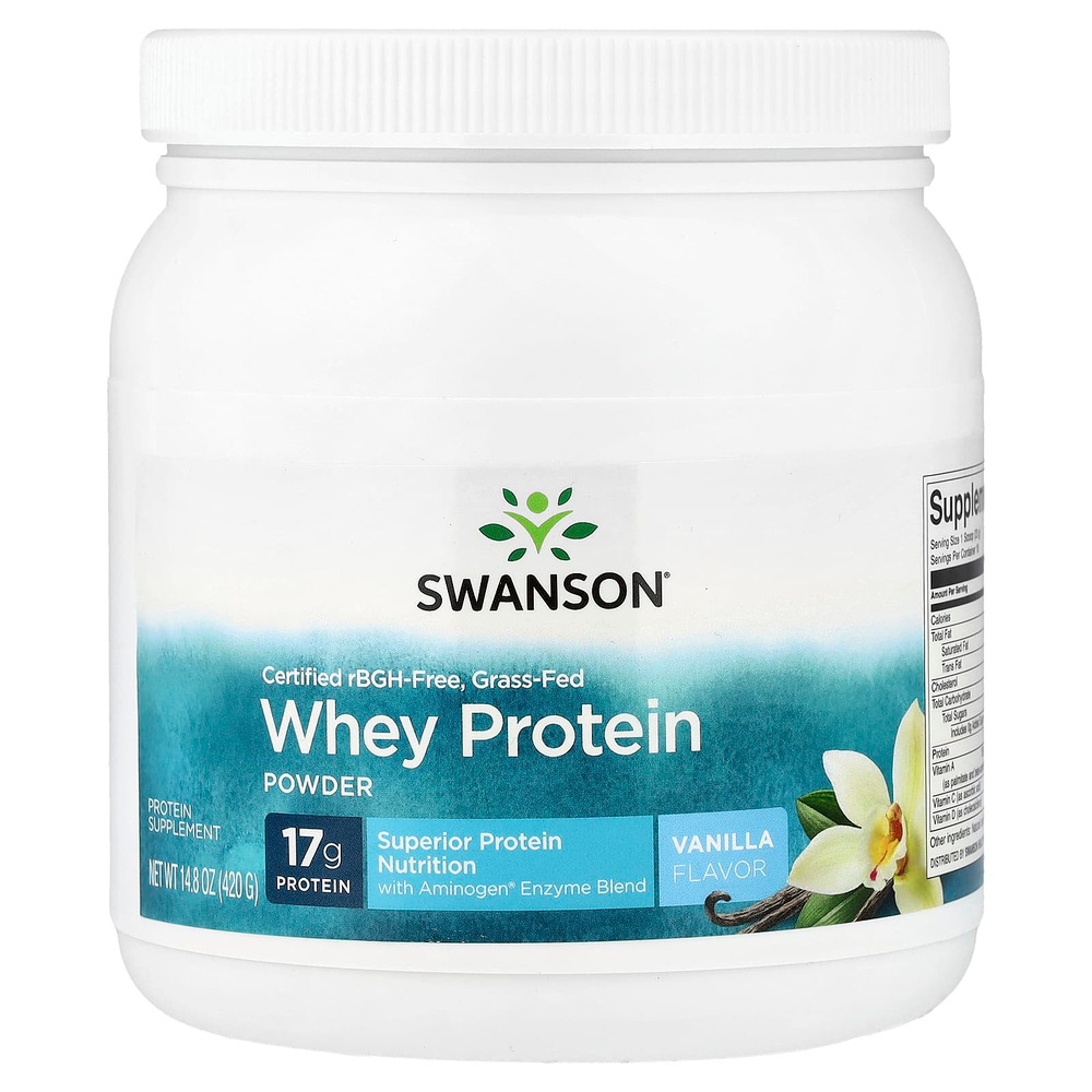 Swanson Vitamins, сертифицированный порошок из сывороточного протеина от коров травяного откорма без р-БГР, от коров травяного откорма, ваниль, 420 г (14,8 унции)