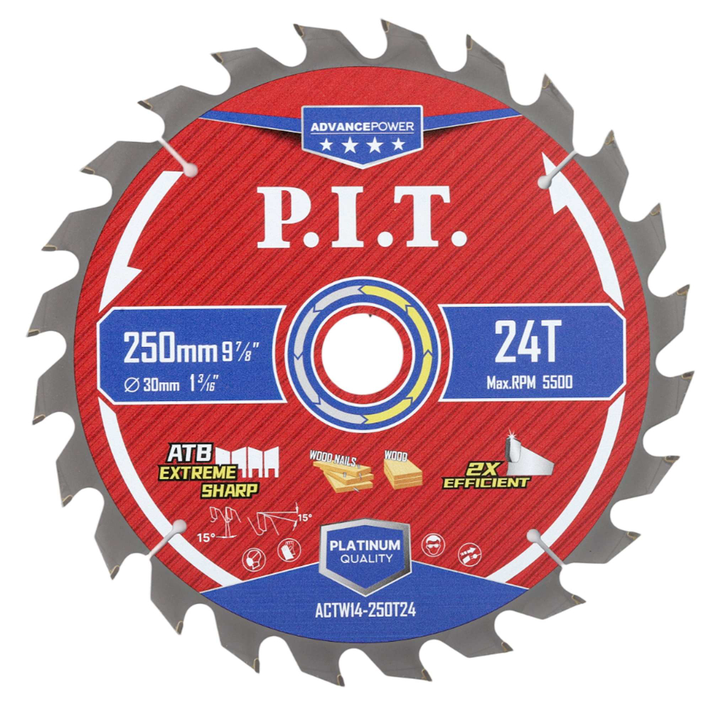 Диск пильный по дереву PIT  250x30x2,2 мм, 24T Carbide, зуб ATB 15° (ACTW14-250T24)