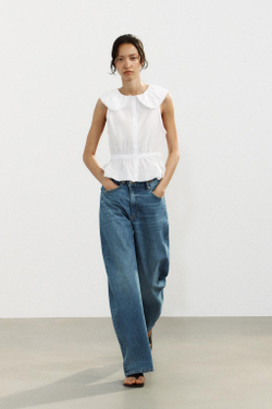 ZARA ТОП ИЗ ПОПЛИНА С КРУГЛЫМ ВОРОТНИКОМ, БЕЛЫЙ