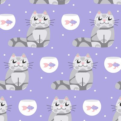 Купить детскую ткань Серые кошки аквариумные рыбки. Милые котята для детей. Buy baby fabric gray cat